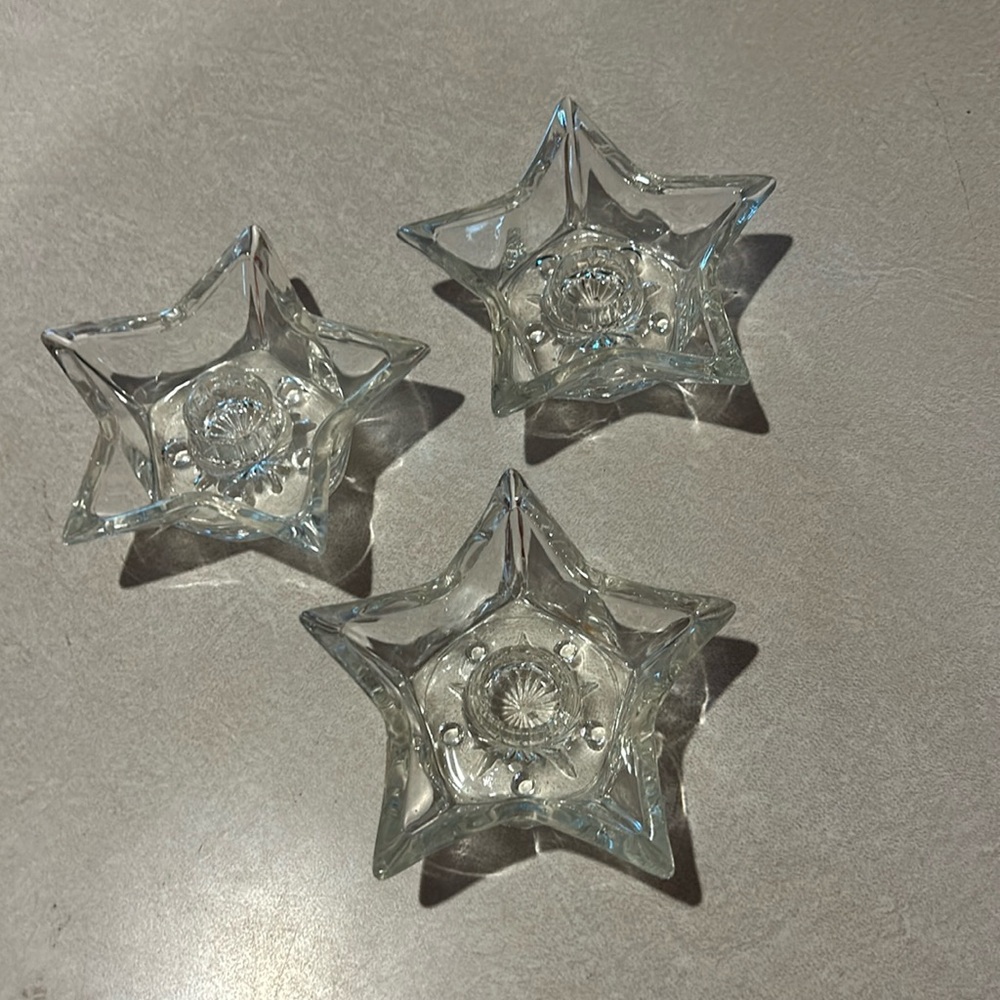 Vintage Glass Star‎ Shaped Tapered Candle Holders Clear 5 points set of 3